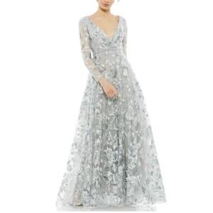 Mac Duggal Dress Size 16 Embellished V Neck Illusion Long Sleeve Gown 67869 $798